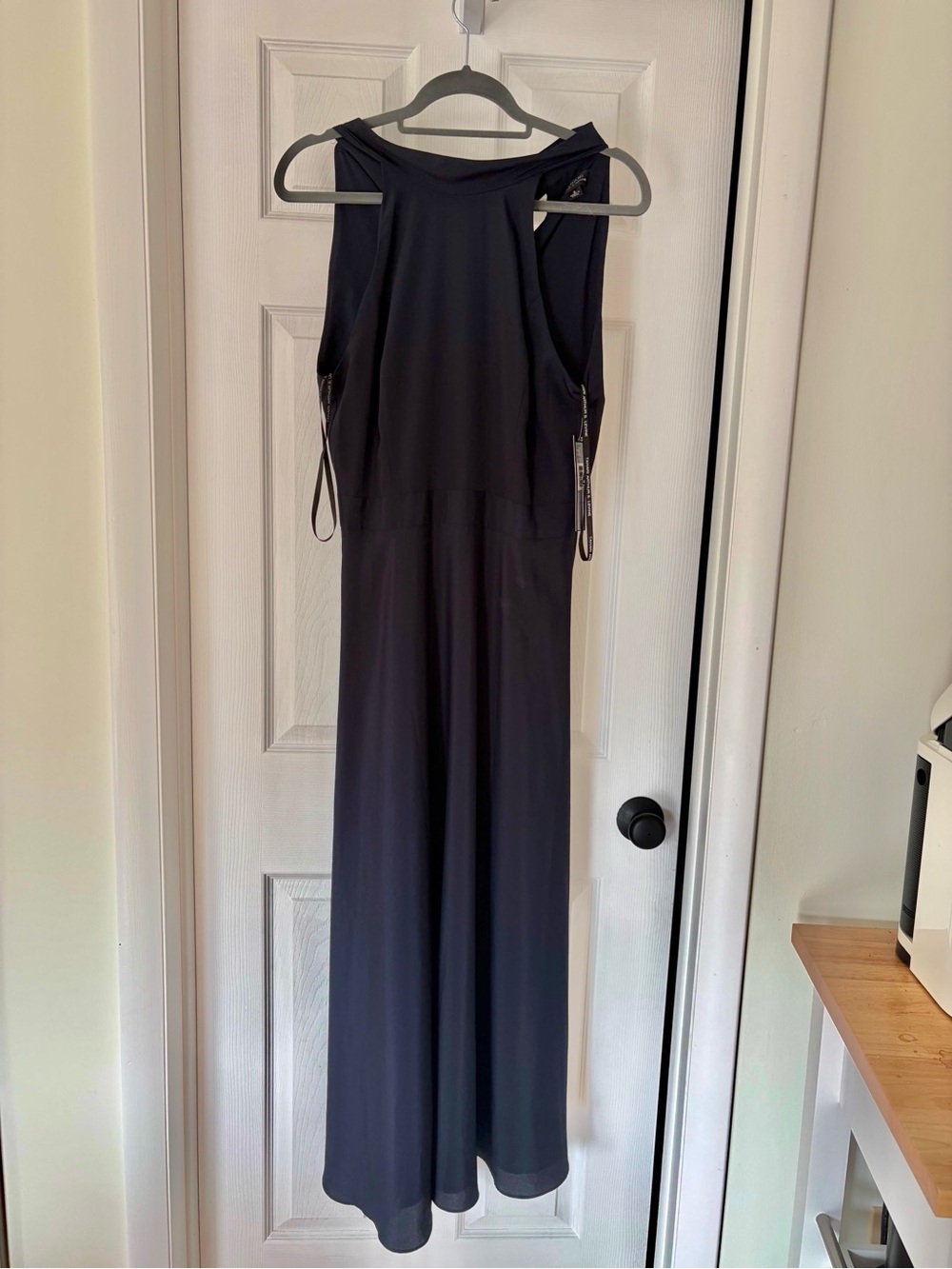 Elie Tahari navy halter neck tie back maxi dress